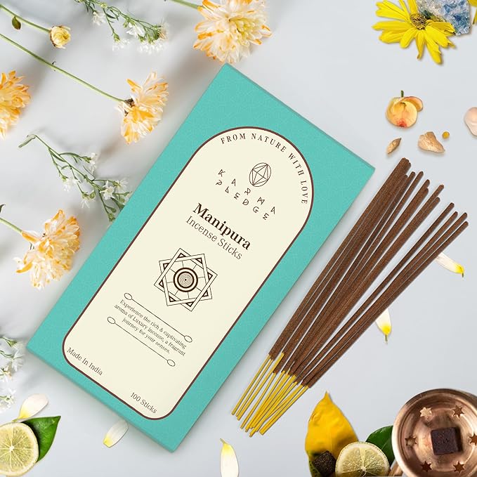 Manipura Incense Sticks, Organic Hand Dipped 100 Sticks with Natural Herbs & Aromatic Ingredients, Burn Time 45 to 60 Minutes, Incense for Positivity, Yoga, Meditation, Relaxation, Spiritual Gift KARMAPLEDGE