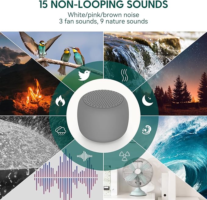 Babelio White Noise Sound Machine for Adults Kids Baby, Mini, 15 Non-looping Sounds, Timer, Memory Function, Easy to Pocket and Travel Gray - Bloomnest
