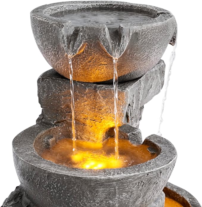 Teamson Home 33.25 in. Cascading Bowls and Stacked Stones LED Outdoor Water Fountain for Gardens, Landscaping, Patios, Balconies, and Lawns for a Calming Oasis in Outdoor Living Spaces, Stone Gray - Bloomnest