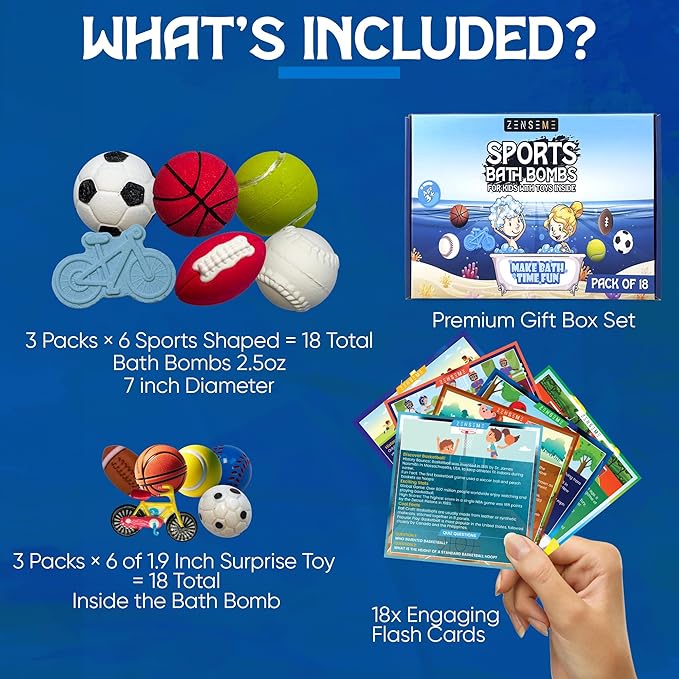 Bath Bombs for Boys with Toys Inside W/Flash Cards - Sports Bath Bombs for Kids - Gift Set of 18 Scented Organic Handmade - 2.5 oz with Natural Essential Oils - 18 Pack - Bloomnest