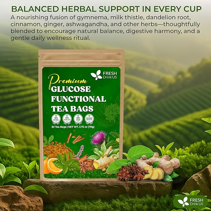 FreshDrinkUS, Premium 30 Tea Bags Glucose Functional Tea – Herbal Blend with Gymnema, Cinnamon, Bitter Melon, Tulsi & More –– Caffeine-Free. Sugar-Free. Gluten-Free. Vegan - Bloomnest