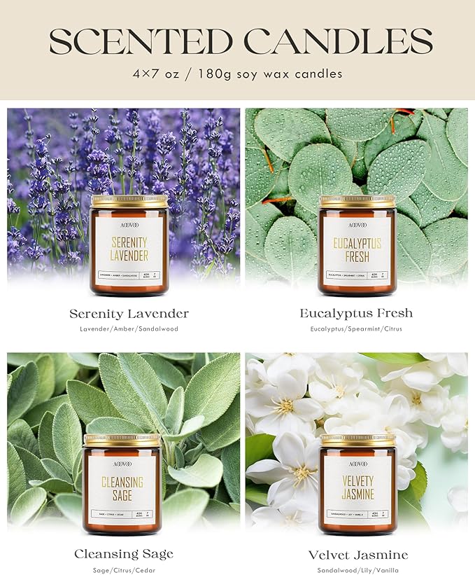 AOOVOO Candle Set - 4PC Scented Candles, 28 oz Soy Candles, Soy Candle for Home Scented, Sage/Jasmine/Eucalyptus/Lavender - Bloomnest