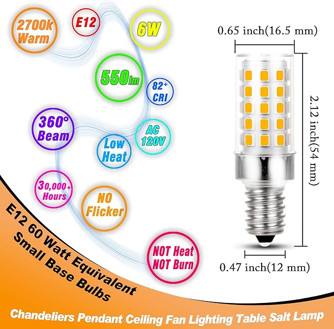 E12 Candelabra LED Light Bulbs 60 Watt Equivalent 6W 2700K Warm White 550lm Non-dimmable 120 Volt C7 T6 E12 Small Base for Chandeliers Pendant Ceiling Fan Lighting Table Salt Lamp, 4 Pack - Bloomnest