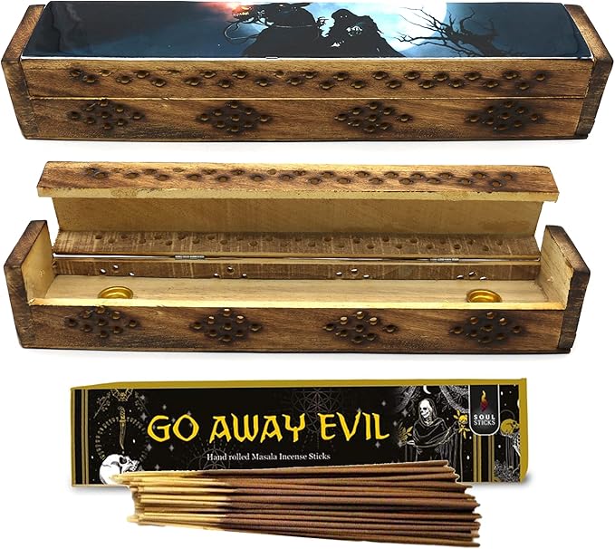 SOUL STICKS Handmade Carved Incense Burner Wooden Coffin Box with Storage Includes Go Away Evil Incense Sticks (Horseman) - Bloomnest