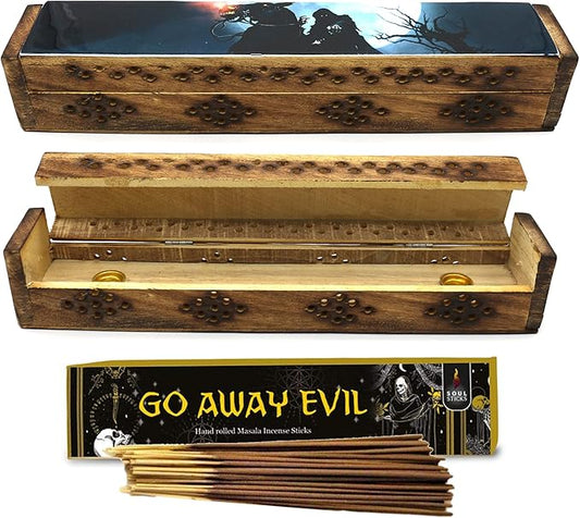 SOUL STICKS Handmade Carved Incense Burner Wooden Coffin Box with Storage Includes Go Away Evil Incense Sticks (Horseman) - Bloomnest