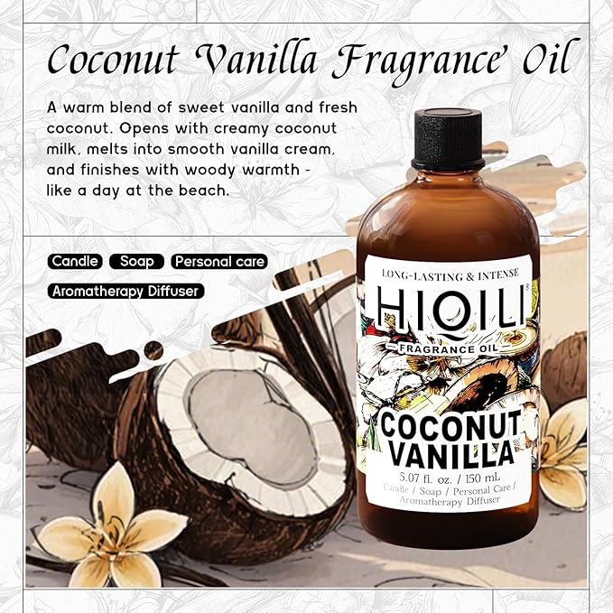 HIQILI Coconut Vanilla Fragrance Oil - for Candle Making, Soap Making, Essential Oil for Diffuser, Humidifier, Home& Hotel & Car Use - 5.07 Fl Oz - Bloomnest