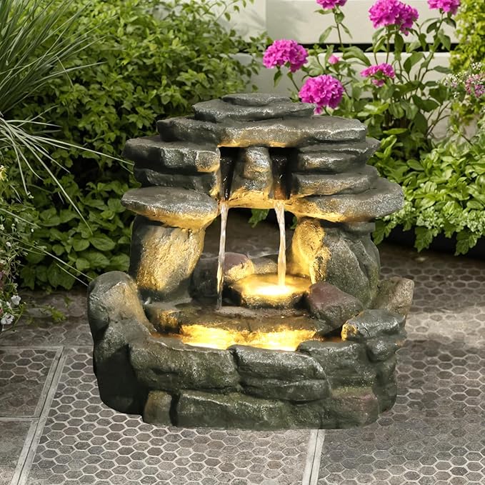 15.6''H Small Rock Water Fountain Outdoor&Indoor, 3-Tier Garden Waterfall with Warm Lights and 2 Flows for Patio, Backyard, Deck, Porch, Home DéCor, Stone Gray - Bloomnest