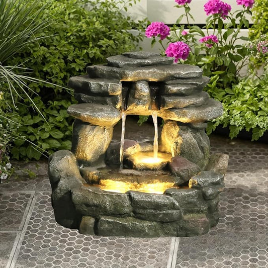 15.6''H Small Rock Water Fountain Outdoor&Indoor, 3-Tier Garden Waterfall with Warm Lights and 2 Flows for Patio, Backyard, Deck, Porch, Home DéCor, Stone Gray - Bloomnest