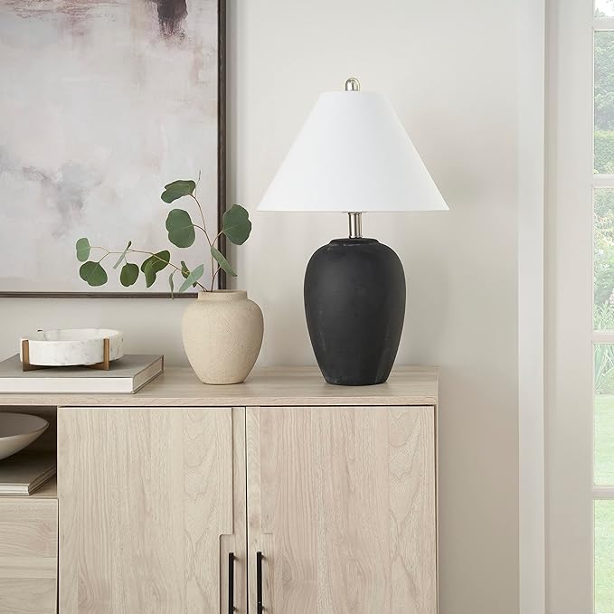 Nourison Home 23" Black Vintage Distressed Ceramic Pot Table Lamp for Bedroom, Living Room, End Table, with White Conical Empire Shade - Bloomnest
