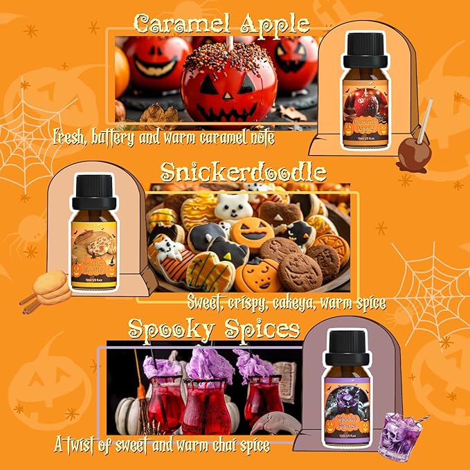 Halloween Fragrance Oils Set, ARVIDSSON Fall Essential Oils for Diffuser - Pumpkin Pie, Spiced Cider, Caramel Apple, Candy Corn, Snickerdoodle, Spooky Spices, Autumn Scented Oil Gift for Women - Bloomnest