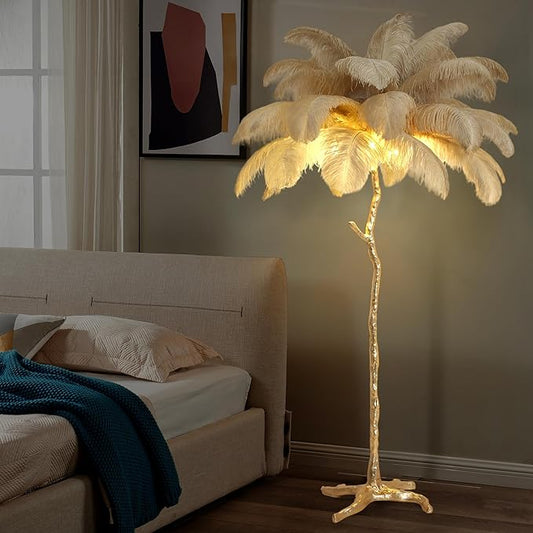 MAYOLA Luxury Resin Ostrich Feather Lamp, 35 Pieces Real Ostrich Feathers,Floor Lamp for Living Room, Bedroom and Office 67” Tall Feather Lamp(Ostrich Color, Floor Lamp) - Bloomnest
