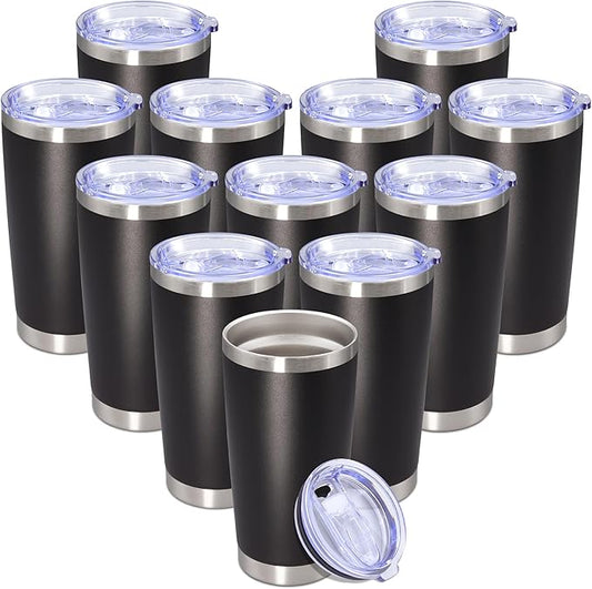 20 oz Tumbler with lid Double Wall Vacuum Insulated Tumblers Stainless Steel Coffee Mug Travel Coffee Tumbler Powder Coated Tumbler Cup Keep Hot&Cold - (Black 12 Pack)