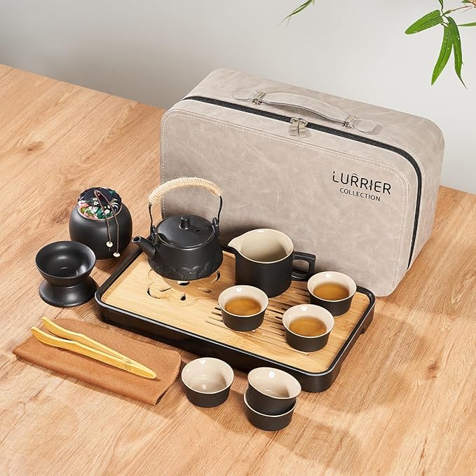 LURRIER Gongfu tea sets, Portable Ceramic TeaSet, Asian Tea sets for adult, Tea Gift sets, Grey leather case, Portable Travel Bag,Home,Gifting,Outdoor and Office(Black) - Bloomnest