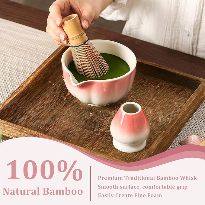 Matcha Whisk Set, 7-Pack Peach Pink Matcha Set - Include Petal Matcha Bowl with Spout, Bamboo Whisk, Chasen Holder, Sifter, Scoop, Tea Towel, Scoop Rest - Perfect Matcha Making Kit for Tea Lover - Bloomnest
