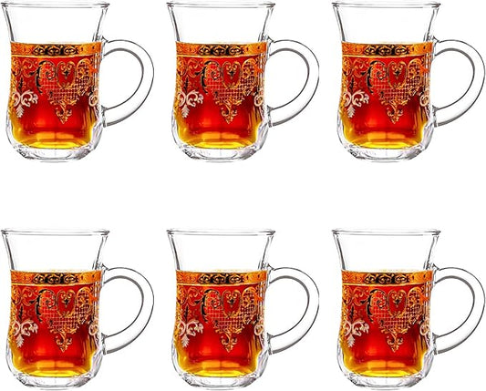 Turkish Tea Glasses Set of 6 - Gold Moroccan Tea Cups with Handle - 5 oz Footed Glass Coffee Mugs for Hot Cold Beverages Drinks