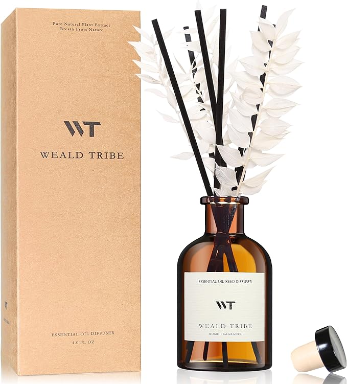 WEALD TRIBE Reed Diffuser Set for Bathroom Air Fresheners, Oil Diffuser Sticks | White Tea Scent 4.0 fl oz Home Fragrance with Sticks Defusers | House Bedroom Office Shelf Decor - Bloomnest