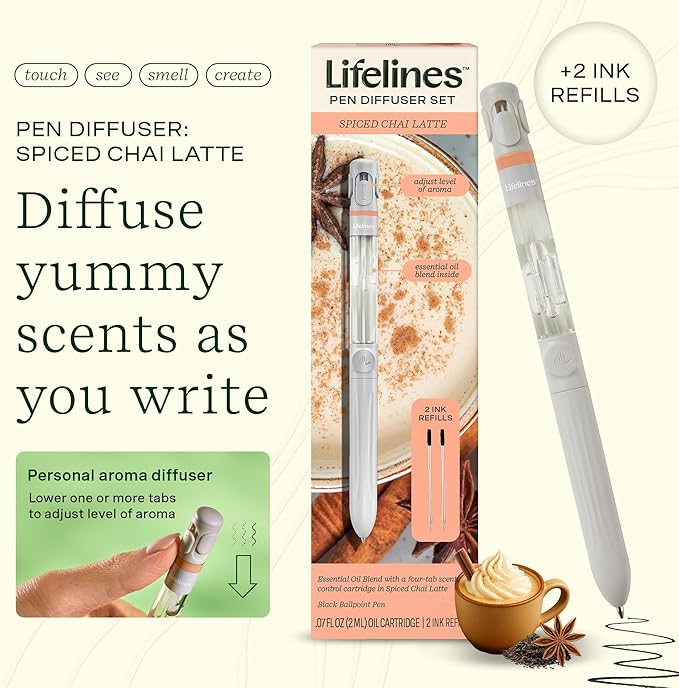Lifelines Pen Diffuser Set, Spiced Chai Latte - 1mm Black Ballpoint Pen with Scented Essential Oil Blend & 2 Ink Refills – Aromatherapy Diffuser & Sensory Immersion Diffuse Aroma As You Write - Bloomnest