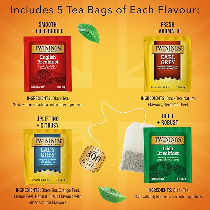 Twinings Variety Pack Black Tea Bags, 20 Count (Pack of 1), Includes English Breakfast, Earl Grey, Irish Breakfast, and Lady Grey, Caffeinated, Enjoy Hot or Iced, 20 Teabags - Bloomnest