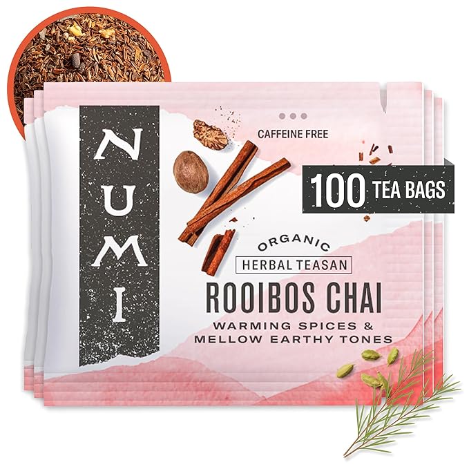 Numi Organic Rooibos Chai Tea, 100 Tea Bags, Herbal Red Tea with Cinnamon, Allspice, Ginger & Cardamom, Caffeine Free Chai - Bloomnest