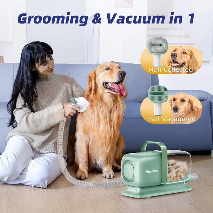 Dog Grooming Kit with Vacuum, All-in-One Pet Grooming Vacuum for Dogs and Cats, Low Noise Pet Hair Clipper & Shedding Brush, Dog Hair Remover, Cat Pet Groomer Set with Cleaning Brushes, Green - Bloomnest