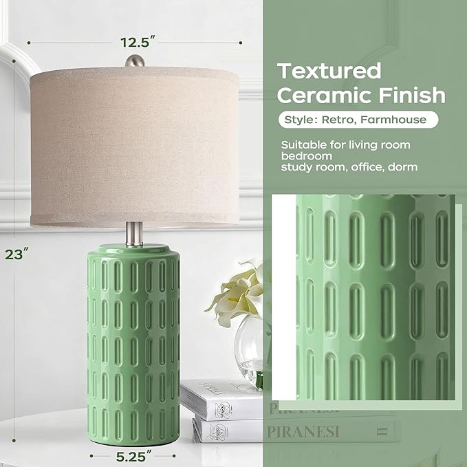 PARTPHONER 23" Farmhouse Modern Ceramic Table Lamp Set of 2 - Green Bedside Lamps for Bedroom & Living Room, Nightstand, Desk, End Table - Bloomnest