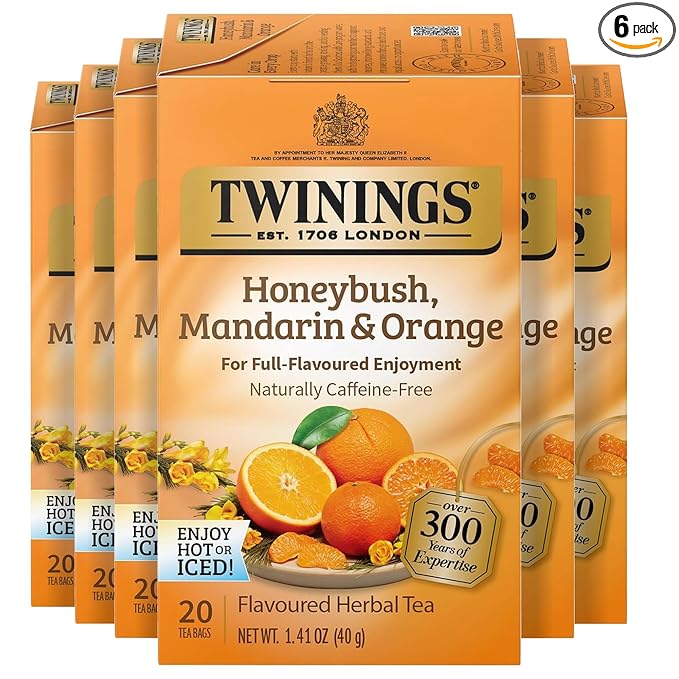 Twinings Honeybush, Mandarin, & Orange Herbal Tea Individually Wrapped Bags, 20 Count (Pack of 6), Naturally Caffeine-Free, Enjoy Hot or Iced, 120 Teabags - Bloomnest