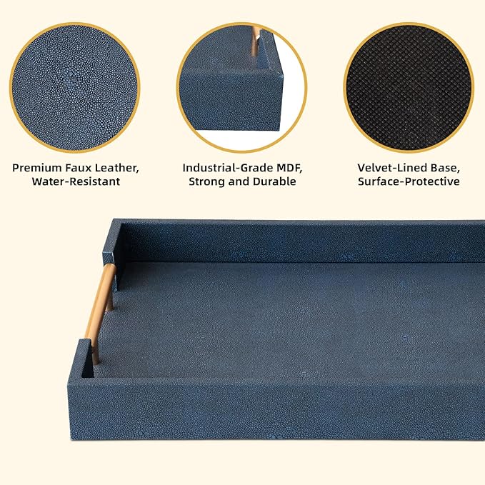 Modern Decorative Tray Set of 2, Blue Shagreen Leather Tray, Rectangle Serving Trays with Gold Polished Metal Handles, Ottoman Trays Coffee Table Perfume Kitchen Home Decor - Bloomnest