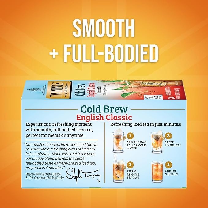 Twinings English Classic Cold Brew Iced Tea Bags, 20 Count (Pack of 6), Unsweetened Black Tea, Caffeinated, 120 Teabags - Bloomnest