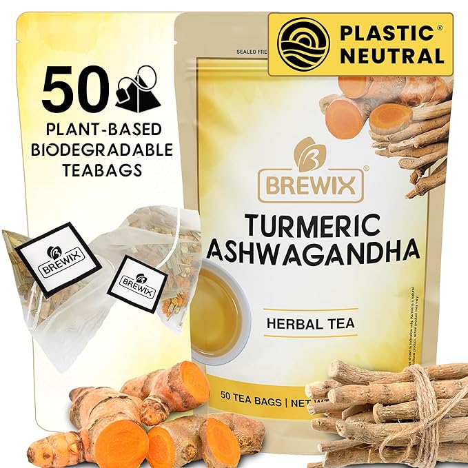 BREWIX, Turmeric Ashwagandha Herbal Tea (50 Pyramid Tea Bags) Adaptogenic Herbs for Stress & Mood Support | Evening Calm & Sleep Support | Real Ingredients From India, Caffeine Free & Naturally Gluten Free - Bloomnest
