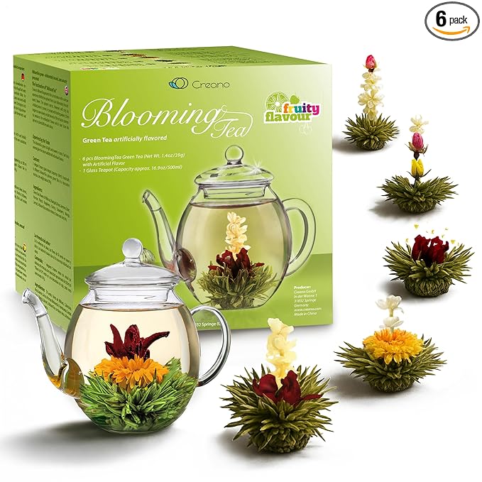 Creano Blooming Tea Gift Set with Glass Teapot 17oz (500ml) - Green Tea Fruity Flavoured Tea Flowers in 6 Varieties - Flowering Tea Gift for Easter - Bloomnest