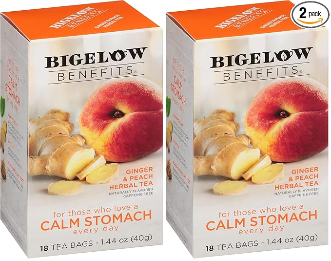 Bigelow Tea Benefits Calm Stomach Ginger Peach Herbal Tea,Caffeine Free,18 Count (Pack of 12) - Bloomnest