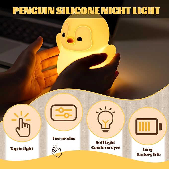 Penguin Nursery Night Light,LED Squishy Silicone Lamp,2 Levels Dimmable Bedroom Nightlight for Kids,Touch Light,Dorm Decor lamp,Baby Boys Girls Gifts (Standing Penguin) - Bloomnest
