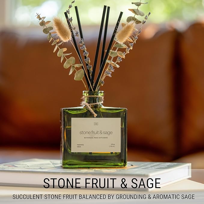 Craft & Kin Reed Diffuser with Dried Flowers | 5 oz Stone Fruit & Sage Scented Holiday Reed Diffusers for Home, Bathroom | Scent Sticks | Elegant Fragrance Home Decor for Men & Women CraftKin