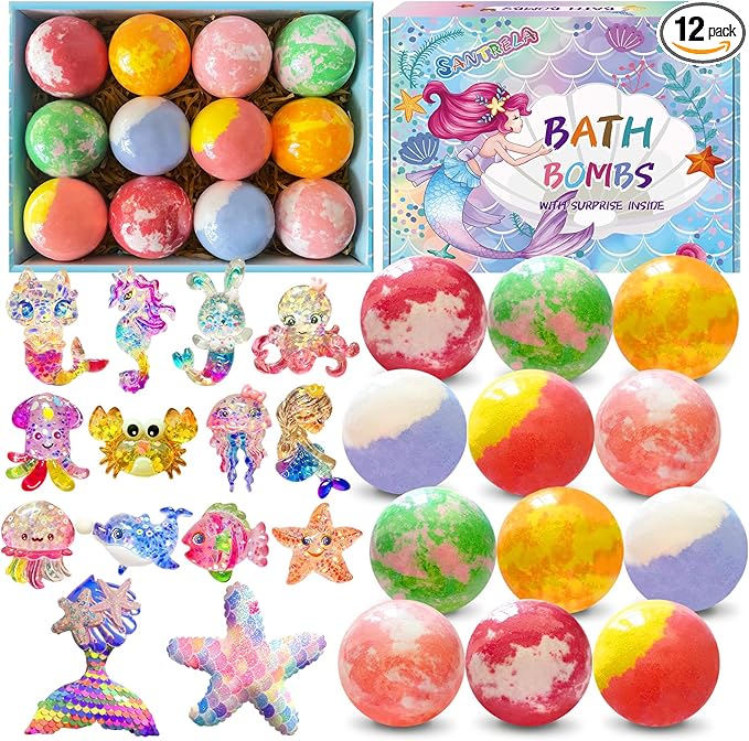 Bath Bombs for Kids with Surprise Inside, 12pcs Kids Bath Bombs with Mermaid Toys Gift Set for Girls, Shea & Coco Butter Dry Skin Moisturize, Handmade Fizzy Bubble Spa Bath Ball for Birthday Christmas - Bloomnest