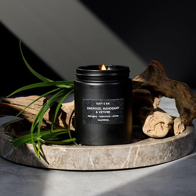 Craft & Kin Premium Oakwood, Mahogany & Vetiver Candle | Black Christmas Scented Candles for Men | Long Lasting with 45 Hour Burn Time, 7.6oz | Soy Holiday Candles | Aromatherapy at Home - Bloomnest