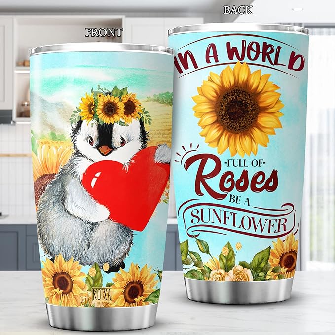 Penguin Stainless Steel Tumbler 20 Oz In A World Full Of Roses Be A Sunflower Insulated Coffee Cup With Lid Cute Animal Mug Sunflowers Penguins Gifts Idea For Christmas Xmas - Bloomnest