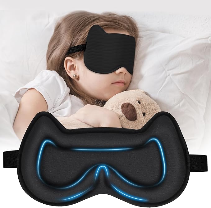 3D Kids Sleep Eye Mask: 3D Contoured Cup Sleeping Masks, Blindfold Sleep Eye Cover with Adjustable Strap, Memory Foam Lightweight Night Eyeshade for Boys Girls Teens (Black) - Bloomnest