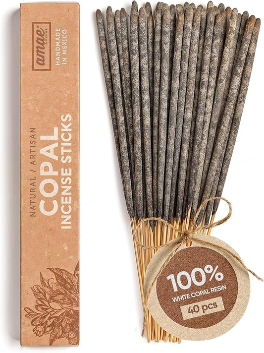 Authentic 100% White Copal Incense Sticks - Thick, Natural Mayan Resin for Spiritual Practices, Meditation, Yoga, Cleansing, Relaxation - Smooth Burning, Long Lasting, Handmade in Mexico - 40 Sticks
