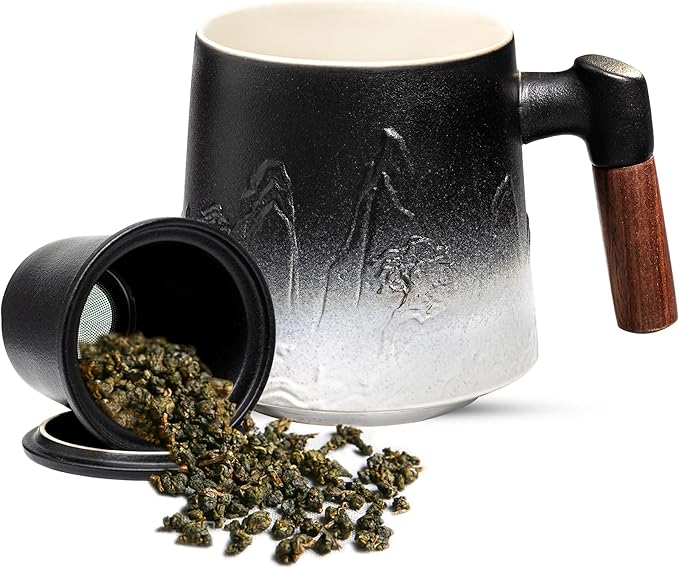 suyika Ceramic Tea Cup with Infuser and Lid, Gradient Embossed Large Tea Mug Wooden Handle for Steeping Loose Leaf, Tea Lover Gifts 15.2 oz / 450 ml,Matte Black