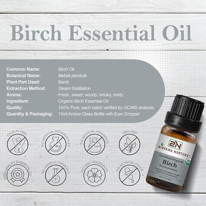 Birch Essential Oil, USDA Certified Organic, 100% Pure Undiluted, Aromatherapy Oil for Diffuser, Hair & Skin Care NirvanaNurture