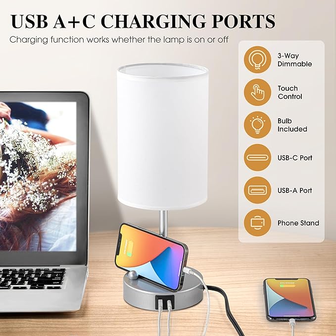 Briever Touch Control Table Lamp for Bedroom, 3-Way Dimmable Nightstand Lamp with USB Charging Ports, Bedside Desk Lamp with Silver Base Phone Stand & Linen Fabric Shade, Bulb Included - Bloomnest