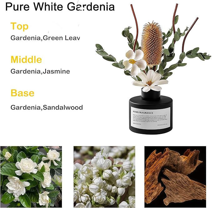 Reed Diffuser Set with Dried Flowers, 3.38fl.oz Fragrance Diffuser with Sticks, Scented Sticks Aroma Diffuser, Home & Office Décor for Air Fresheners, Bathroom (Pure White Gardenia) - Bloomnest
