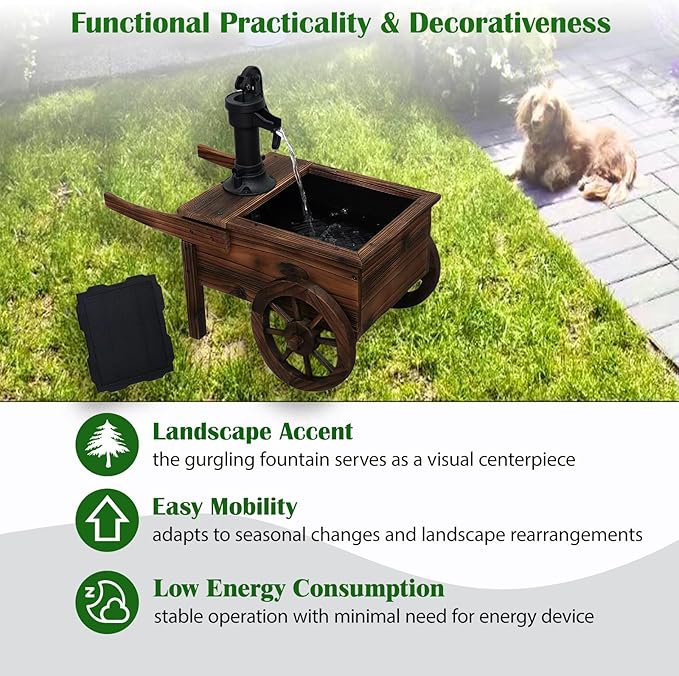 Carbonized Wood Outdoor Freestanding Fountain - Movable Vintage Hand Pump Cart, Solar-Powered Electric Decorative Water Feature for Patio, Garden & Indoor Decoration - Bloomnest