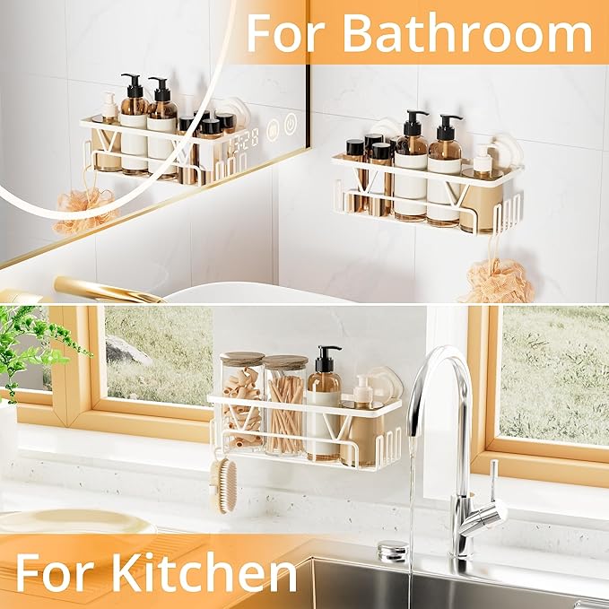 KEGII Shower Caddy Suction Cup with Hooks, Large Capacity Shower Suction Shelf, Heavy Duty Bathroom Organizer, No Drilling Stainless Steel Shampoo Holder for Bathroom Storage, Cream White - Bloomnest