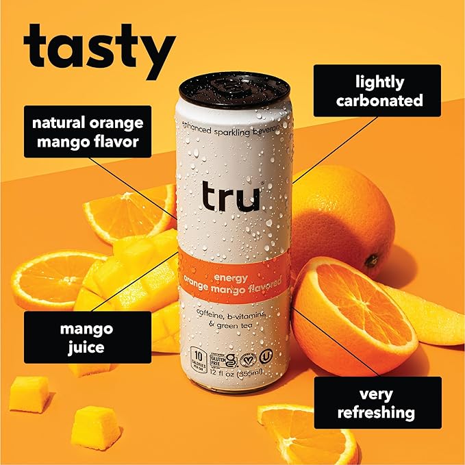 Tru Energy Seltzer, Sparkling Water with Natural Caffeine, Orange Mango Juice, Green Tea Extract & B Vitamins, Lightly Carbonated Energy Drink, Gluten Free, Vegan, Low Calorie, 12 FL OZ Cans, 12 Pack - Bloomnest
