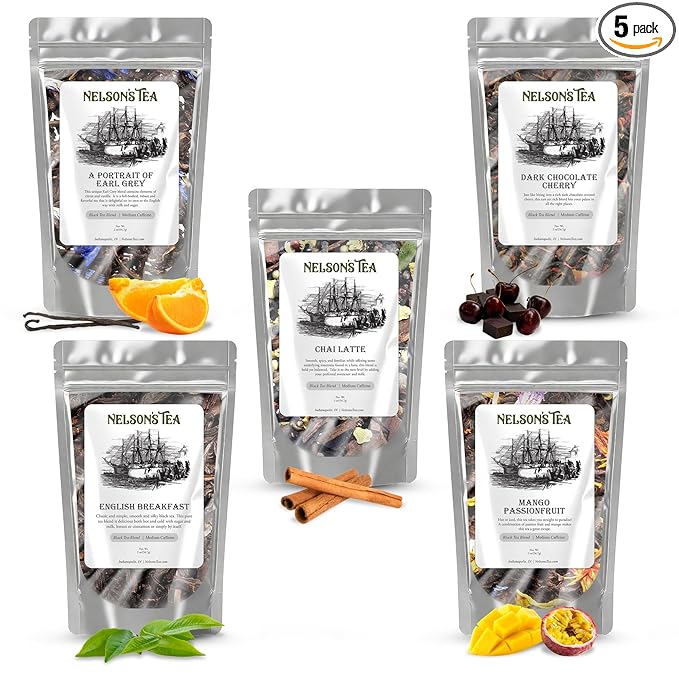 Nelson's Tea Favorites Sampler Pack - Loose Leaf Tea Sampler - A Portrait of Earl Grey, Chai Latte, Dark Chocolate Cherry, English Breakfast, Mango Passionfruit (2 Oz Sizes) - Bloomnest