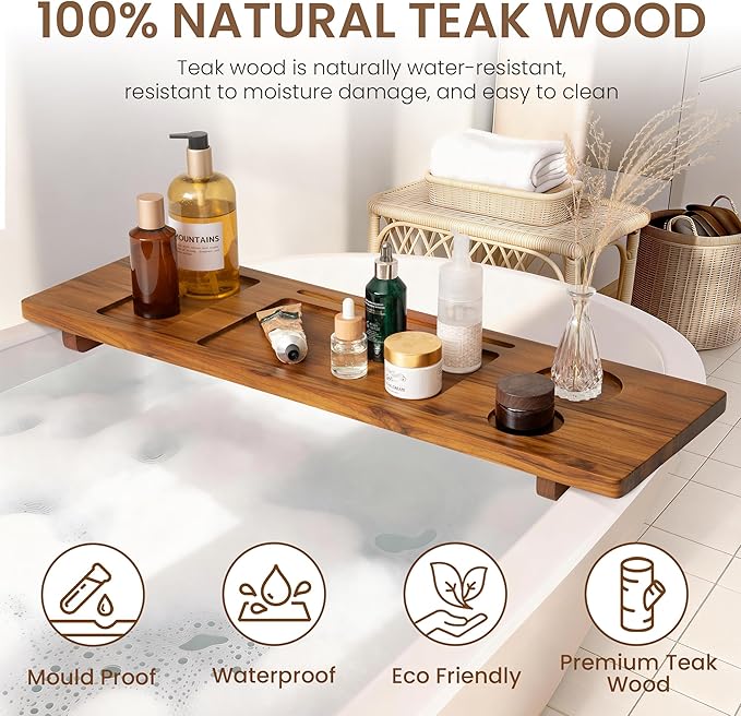 Teak Bathtub Tray - Wood Bath Caddy Tray 29" for Small Tubs - Adjustable Bathtub Table Trays - Luxury Shower Organizer for Home Spa Relaxation and Reading - Light Walnut Color - Bloomnest