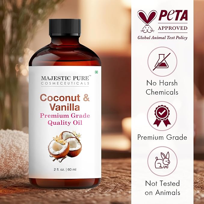 Majestic Pure Coconut Vanilla Essential Oil with Glass Dropper - 2 Fl Oz - 100% Pure and Natural Coconut Vanilla Oil - Premium Grade Essential Oils for Diffuser, Aromatherapy, Soap and Candle Making - Bloomnest