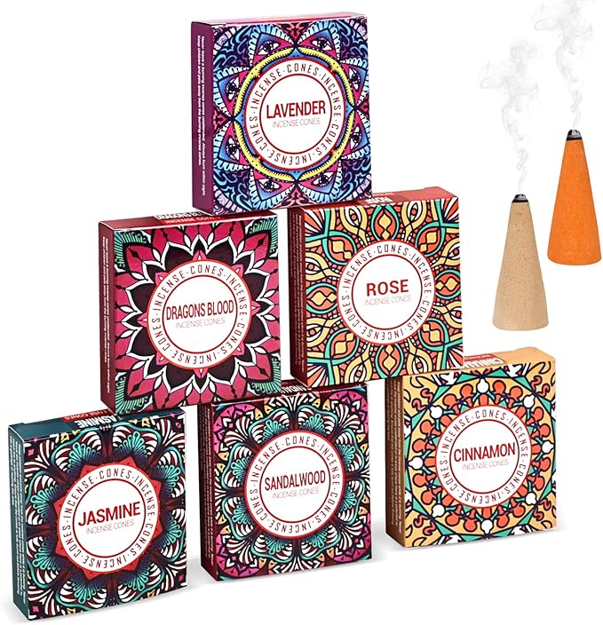 Incense Cones Set - Lavender, Jasmine, Sandalwood, Cinnamon, Rose, Dragons Blood for Meditation & Yoga