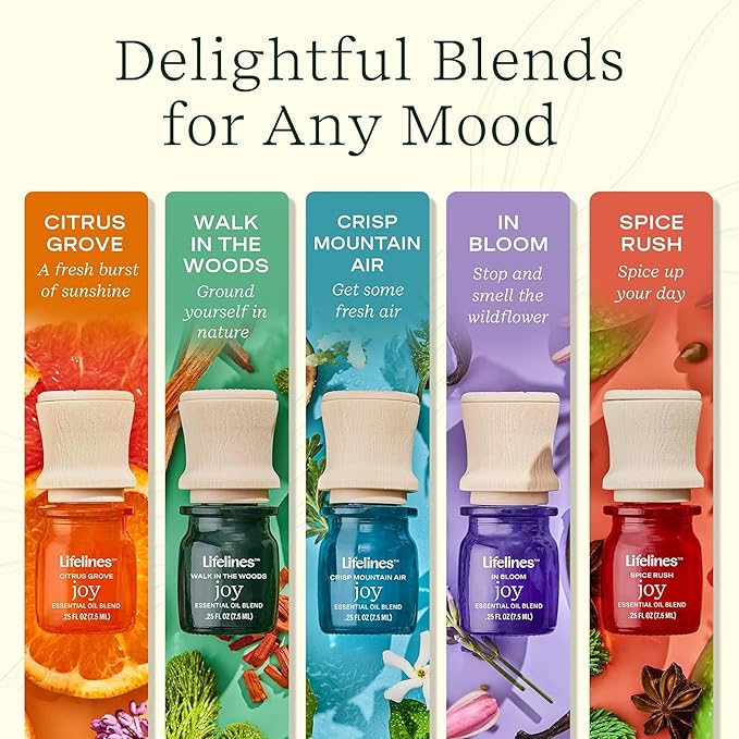 Lifelines Essential Oil Blends, Pure Joy 5-Pack - Blended Essential Oils with Precision Pump for Aromatherapy Diffusers - Long-Lasting Scented Fragrance - Bloomnest